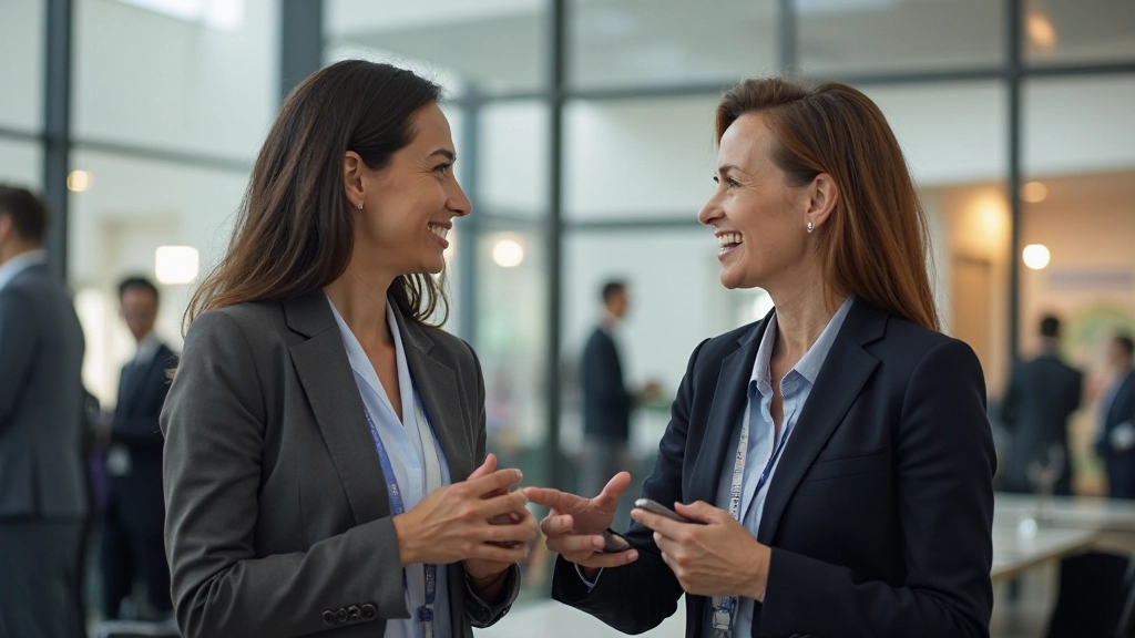 Profissional conversando com colega internacional em ambiente de conferência