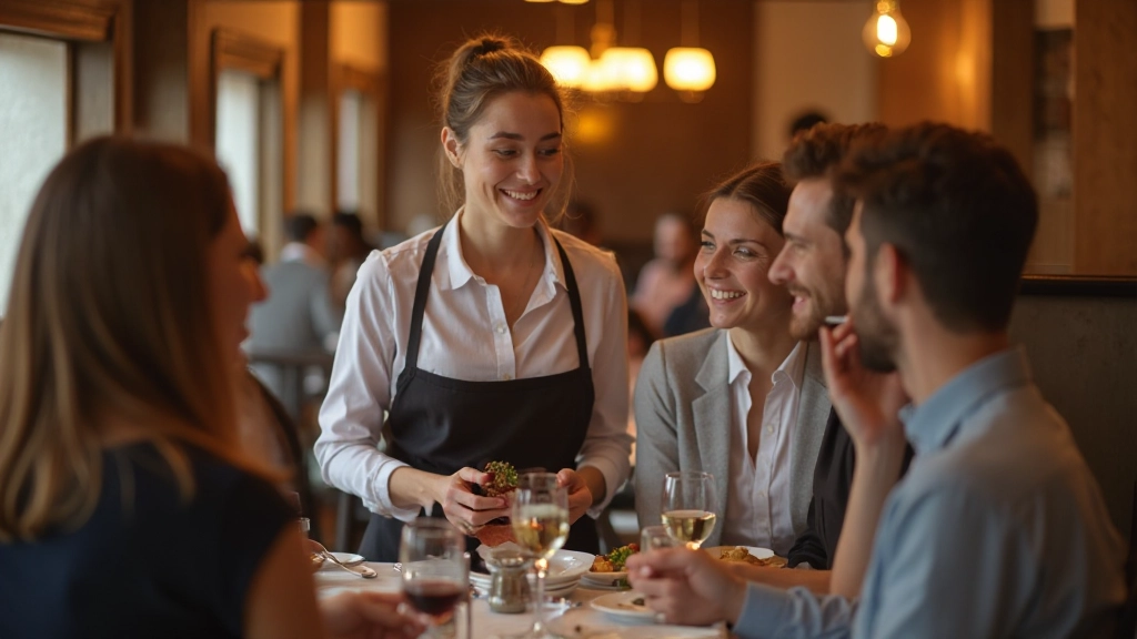 Family enjoying meal at traditional Portuguese restaurant with local server