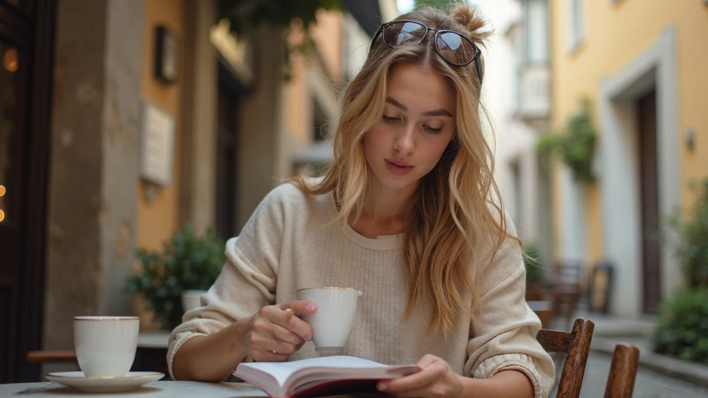 Language student reviewing travel phrasebook at Portuguese café table