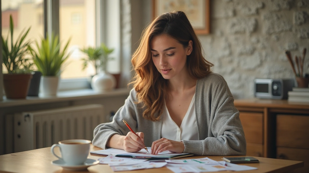 Estudante revisando flashcards de vocabulário em ambiente confortável antes de viagem
