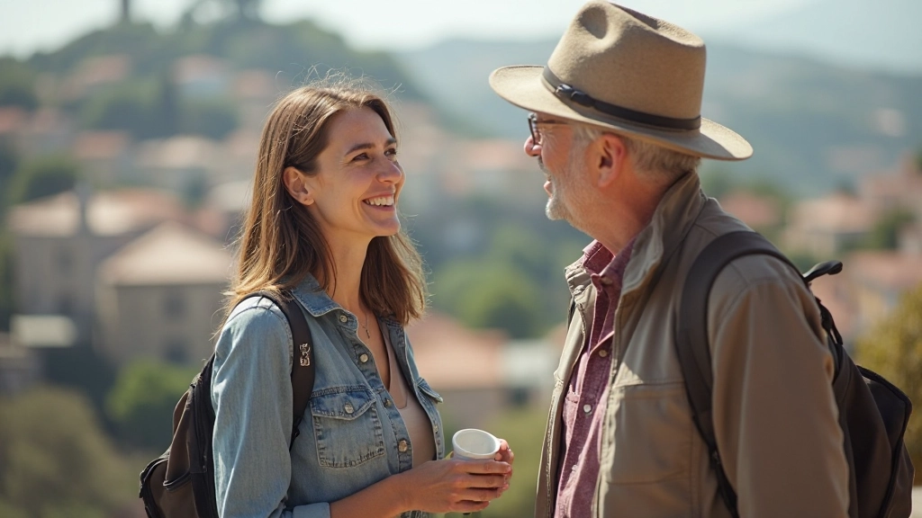 Viajante internacional conversando com guia turístico em cenário de viagem exótico
