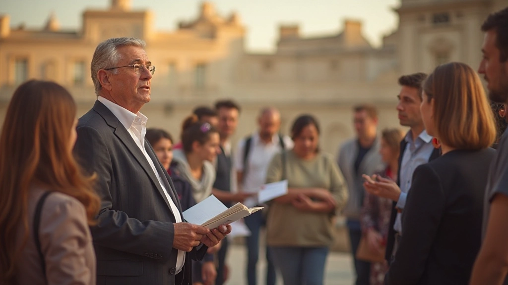 Professional guide speaking with tourists at historic Portuguese monument