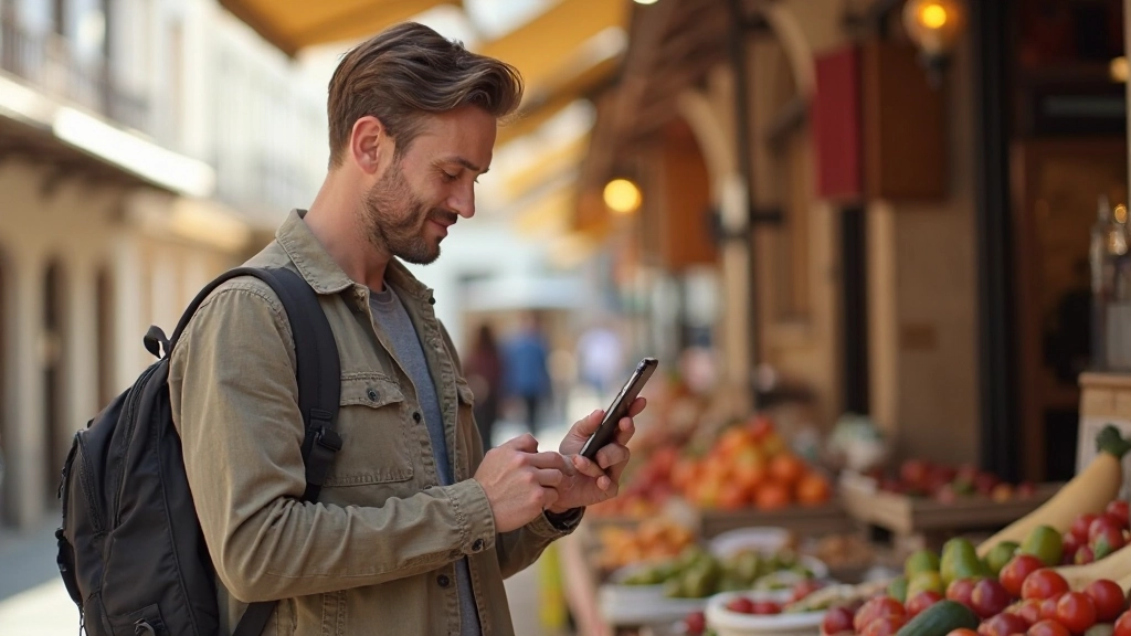 Traveler using smartphone translation app at Portuguese market street