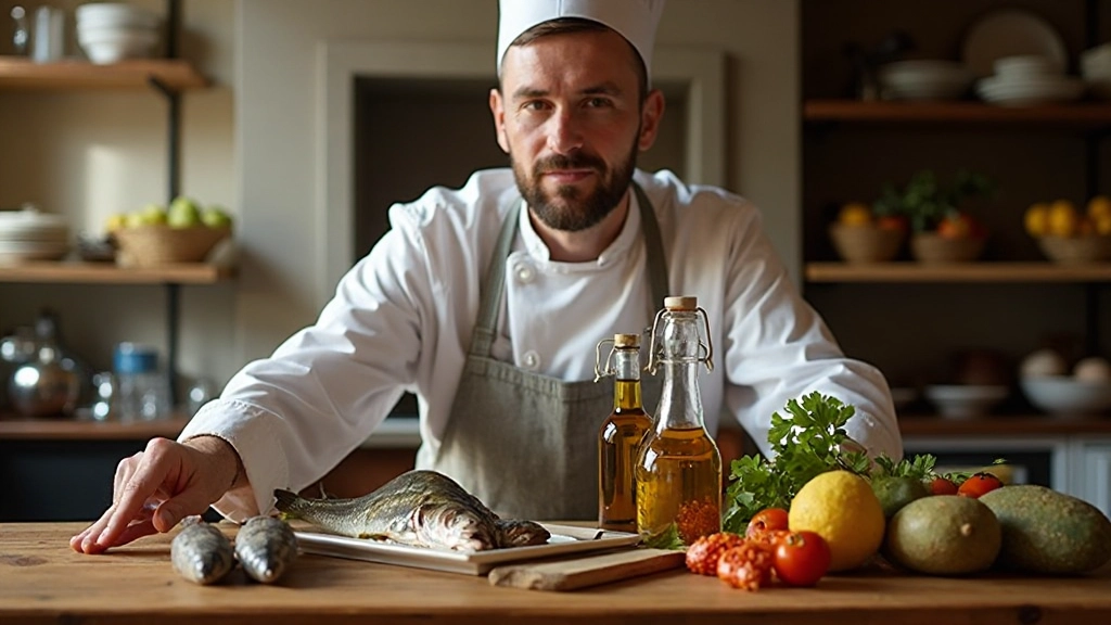 Ingredientes portugueses tradicionais incluindo azeite, bacalhau, sardinhas e especiarias em uma mesa de madeira rústica