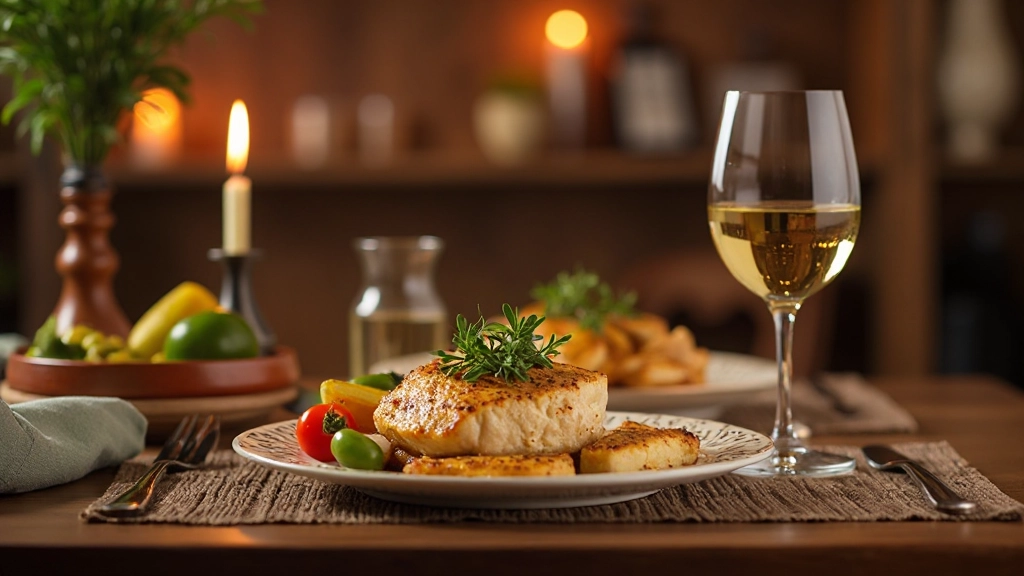 Mesa de restaurante português com prato tradicional de bacalhau à Brás e vinho local
