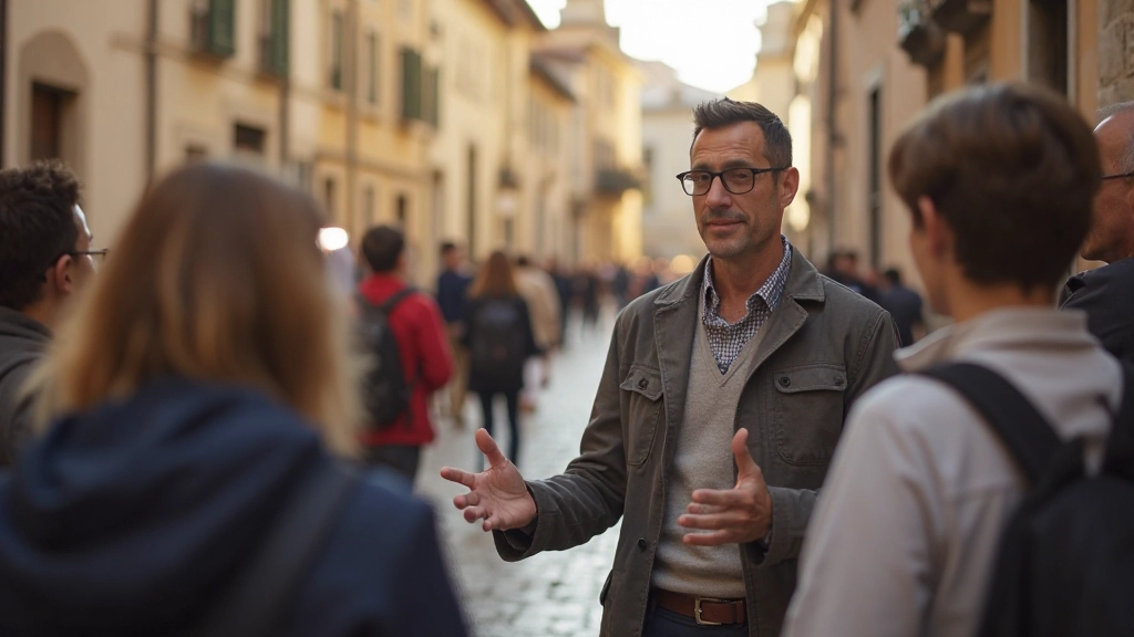 Guia turístico local compartilhando conhecimento cultural com visitantes em rua portuguesa histórica