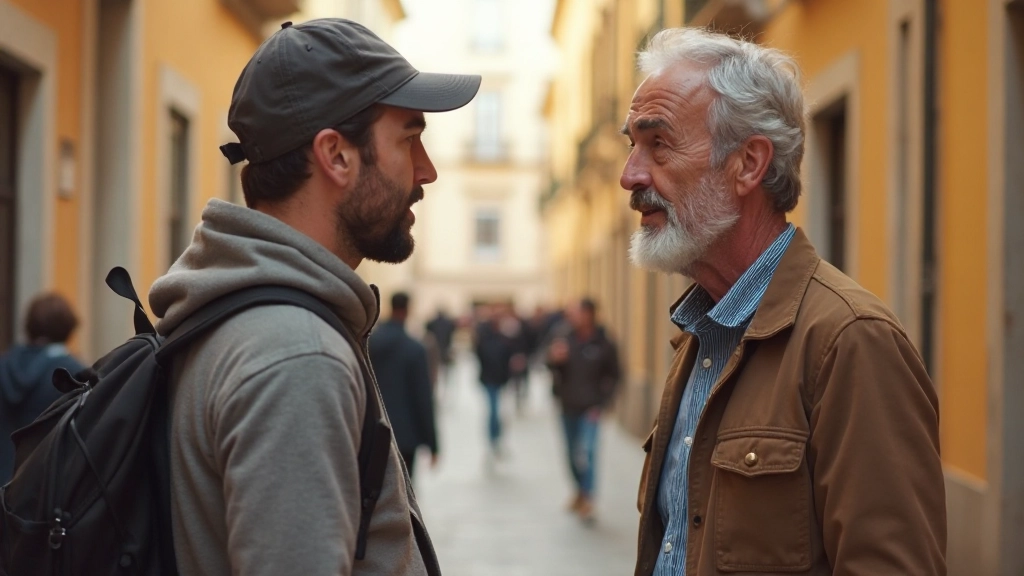 Profissional turista conversando com moradores locais em rua portuguesa tradicional