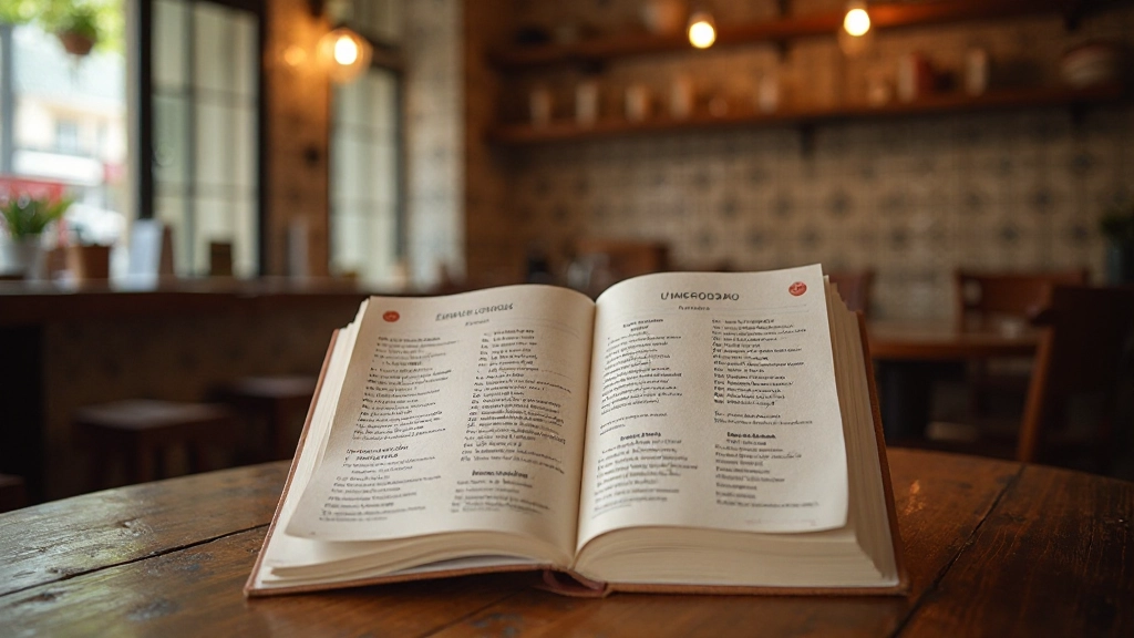Guia visual com frases essenciais em português para restaurantes e viagens, pratos típicos portugueses ao fundo