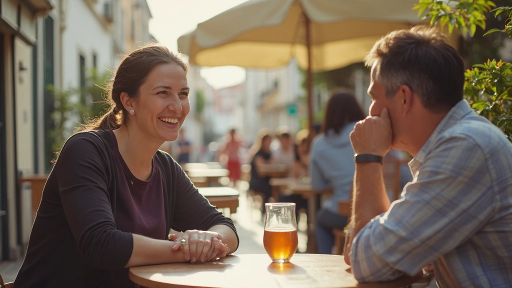 Viajante conversando com local em rua tradicional portuguesa, sorrindo e gesticulando, ambiente urbano histórico