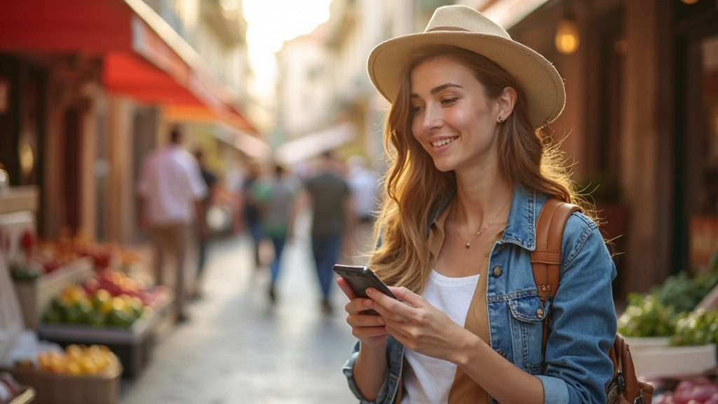 Viajante usando aplicativo de tradução no smartphone em mercado português