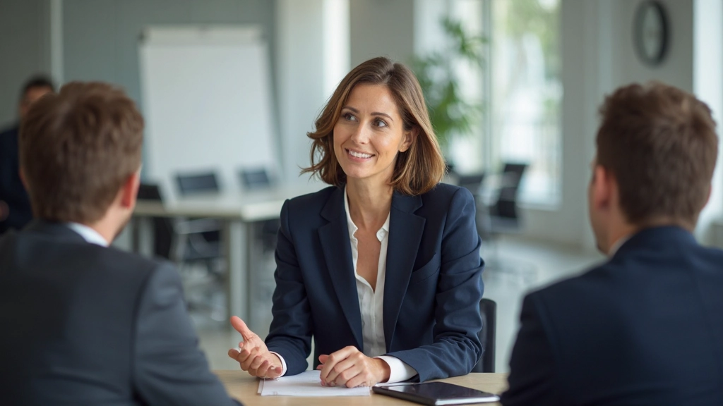 Business traveler conducting meeting with Portuguese colleagues in conference room