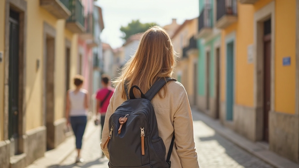 Viajante explorando rua histórica em Lisboa com fachadas coloridas tradicionais